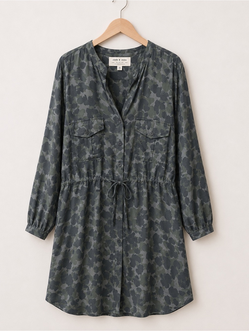 Anthropologie Cloth & Stone Olive Camo Utility Button Down Mini Shirt Dress 1X